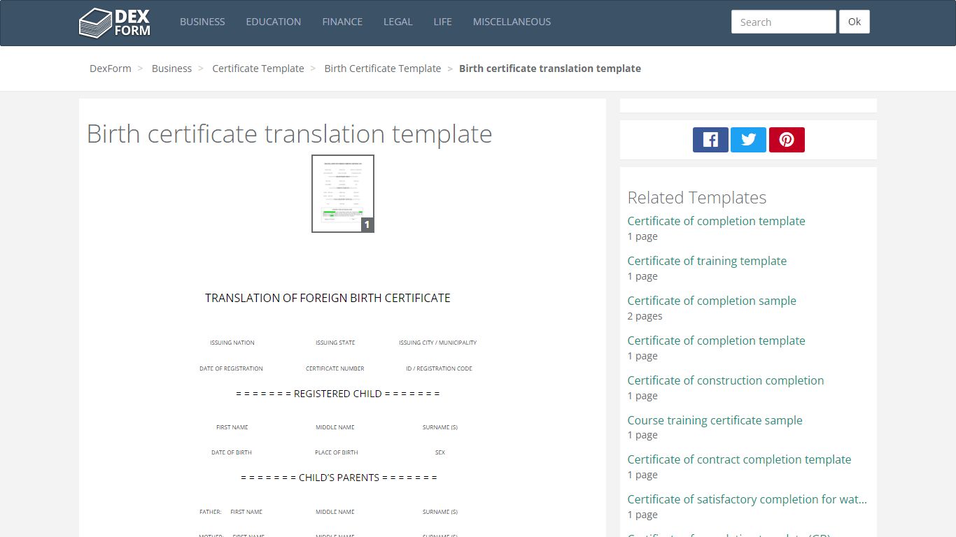Birth certificate translation template in Word and Pdf formats